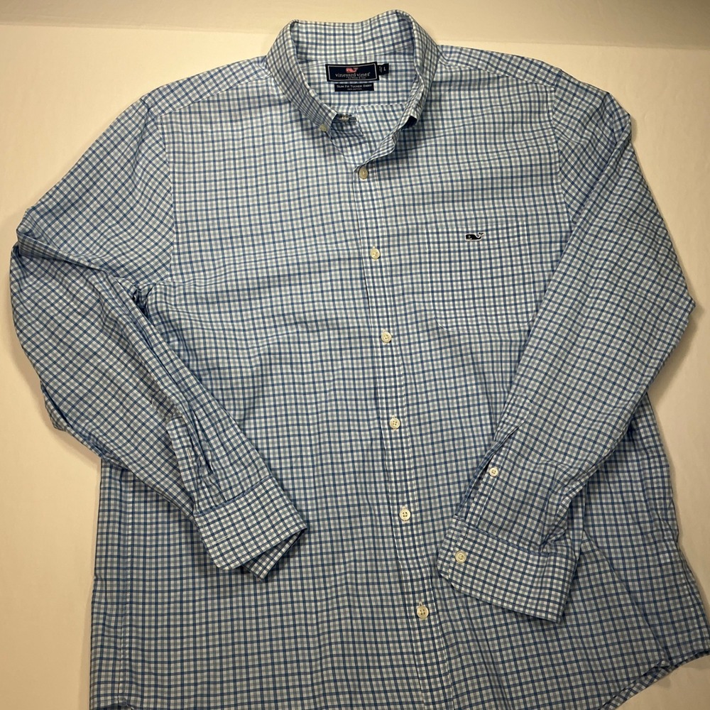 Vineyard Vines Mens Blue Gingham Check Slim Fit Tucker Shirt Large